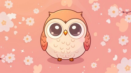 Fototapeta premium Cute cartoon owl with big eyes on a pink background with white flowers.