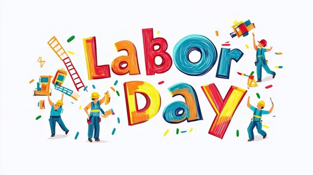 A colorful text Labor day design on white background. celebrate the Labor Day holiday and the importance of workers and construction.