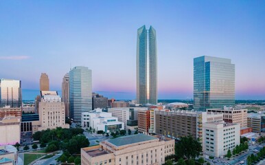 Downtown city skyline at sunset, Oklahoma City, Oklahoma, United States of America.