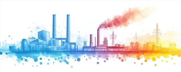 Obraz premium Power plant, generating electricity, industrial landscape, Watercolor style