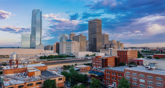 City skyline at sunrise from Bricktown, Oklahoma City, Oklahoma, United States of America.