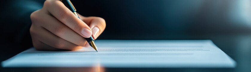 hand writing with a pen on a blank sheet of paper, symbolizing creativity and expression in a professional setting.