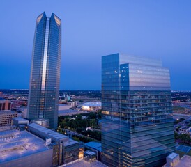 Downtown city skyline at sunset, Oklahoma City, Oklahoma, United States of America.