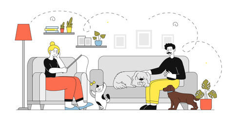 People with pets at home. Man and woman with cat and dog sitting in apartment. Owners take care of domestic animals. Love and care. Linear vector illustration