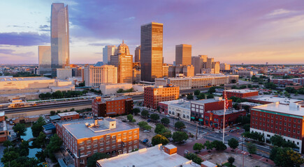Fototapeta premium Bricktown and downtown city skyline, Oklahoma City, Oklahoma, United States of America.