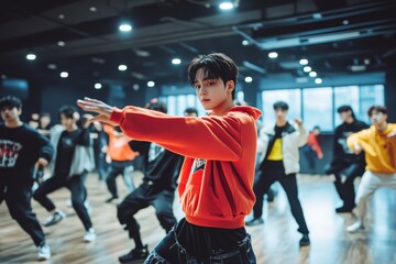 group of K-pop idols practicing their dance routine in a mirrored practice room
