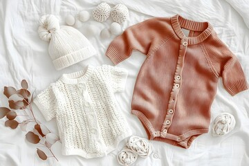Fototapeta premium Set of baby rompers, hat, hairband and knitted jumper on white bed. Fashion baby clothes and accessories. Flat lay, top view