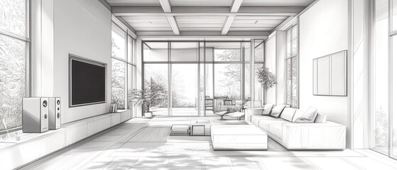 A modern living room with large windows, minimalist furniture, and a serene atmosphere, perfect for relaxation and entertainment.