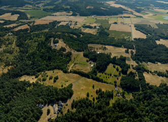 Fototapeta premium View from above. Wooded valley with beautiful trees. Hilly area with beautiful nature, forests, lakes. Nature, climate, agriculture, farms, recreation, tourism.