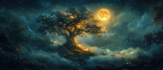 Fototapeta premium A mystical tree stands under a glowing moon, surrounded by swirling clouds and a starry night sky, evoking serenity and wonder.