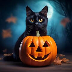 halloween cat with pumpkin.