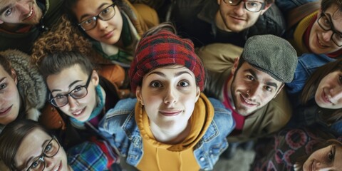 Fototapeta premium birds eye view of a group of people standing close together and only one person is looking up towards the camera