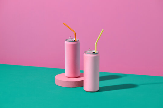 Pink Beverage Can With Straw on Colorful Background