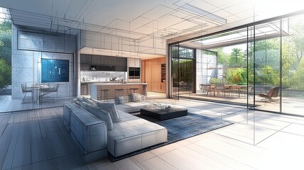 Modern living room design concept featuring open spaces, natural light, and contemporary furnishings. Ideal for interior inspiration.