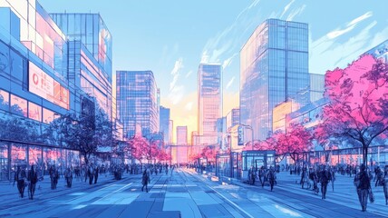 Fototapeta premium Vibrant cityscape at sunset, showcasing modern architecture and lively streets adorned with cherry blossoms.