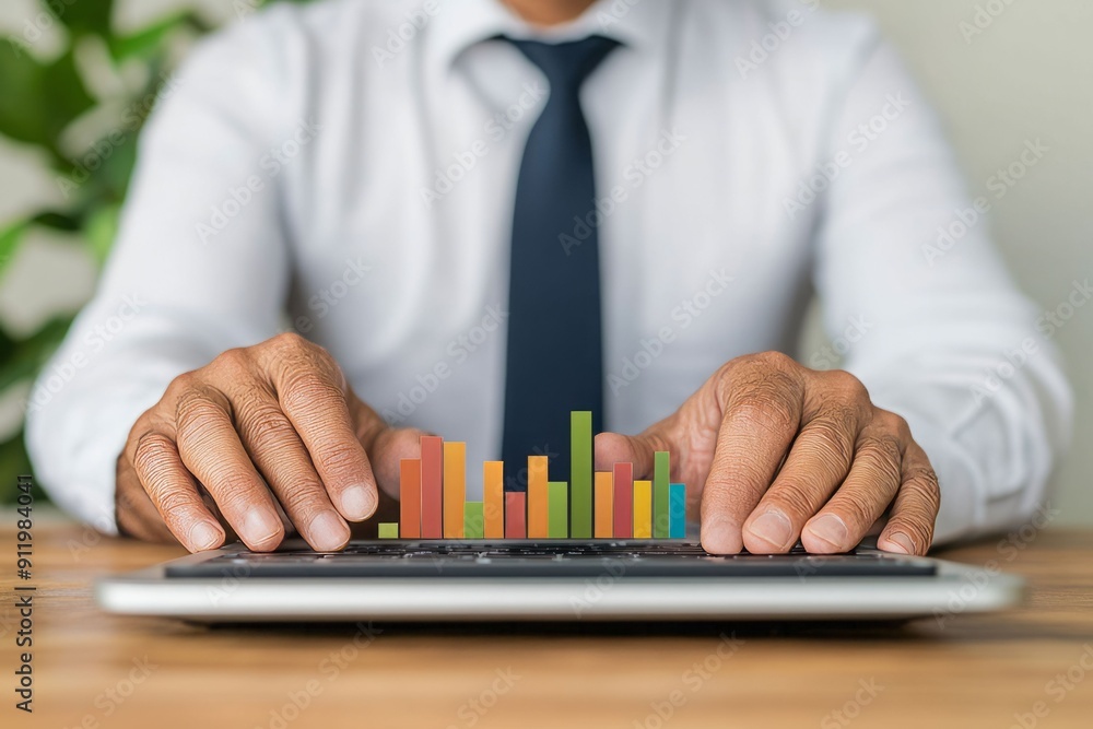 Poster businessman analyzing data on a laptop. graphs and charts illustrate growth and performance trends i