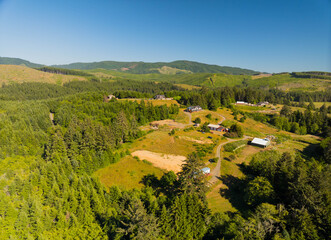 Obraz premium Aerial view of houses in a valley among forests and mountains. Beautiful mountain landscape. Environmental protection, tourism, vacation.