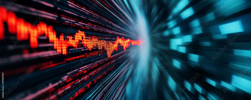 Poster abstract visualization of digital data flow with vibrant colors, representing technology, innovation