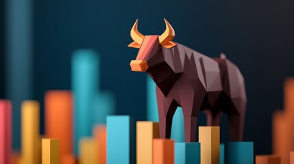 A stylized bull figure stands on colorful bar charts, symbolizing market trends in finance, investment, and growth.