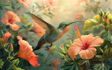 Fototapeta premium Highdefinition image of a hummingbird feeding on hibiscus nectar, vibrant colors, detailed and dynamic scene