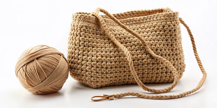 A handmade, earthy, rounded knitting bag crafted from twine and thread using a 2mm hook lies on a clean, white background, showcasing its natural texture.