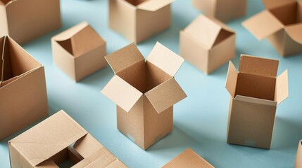 Open Cardboard Boxes on a Blue Background.