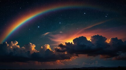 Fototapeta premium Cinematic photograph of clouds with rainbow and sunset view