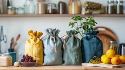 Four Fabric Bags in Different Colors on a Kitchen Counter.