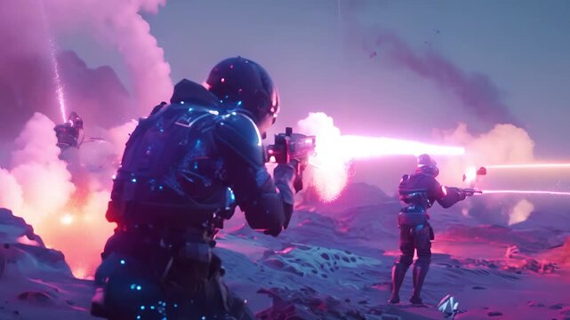 Futuristic Soldiers Engage in Intense Firefight on Alien Planet