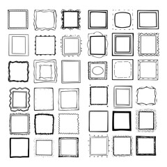 A collection of 36 hand-drawn square picture frames in black outline against a white background.