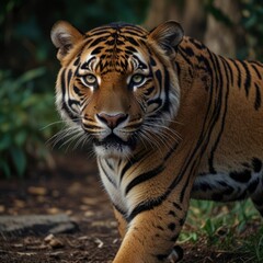 Obraz premium Tiger sitting in forest high contrast image