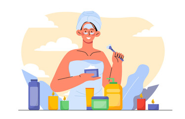 Skin care woman. Young girl in towel on her head applies cream to her face. Beauty treatment and SPA procedures. Moisturizer and lotion, massage roller, face mask. Flat vector illustration