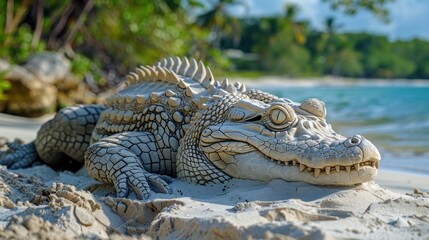 Fototapeta premium Crocodile Statue on a Sandy Beach