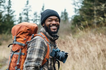 Fototapeta premium smiling Black hipster hiking in nature with a backpack and a camera