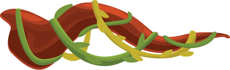 Liana branch with green leaves is weaving around tree trunk in wild tropical forest