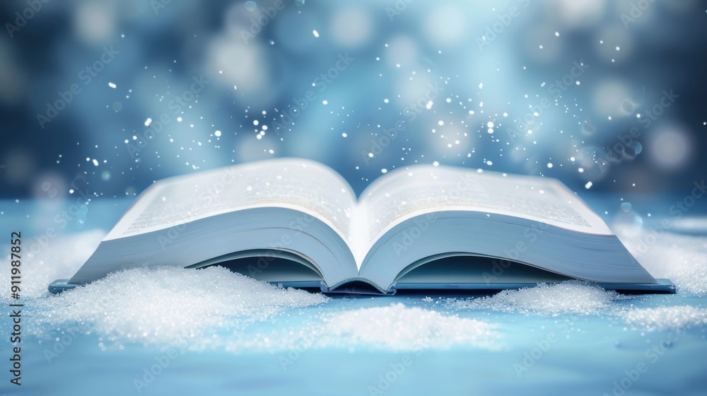 Poster an open book with a snowfall effect, blending imagination and reality in a magical, winter-themed sc