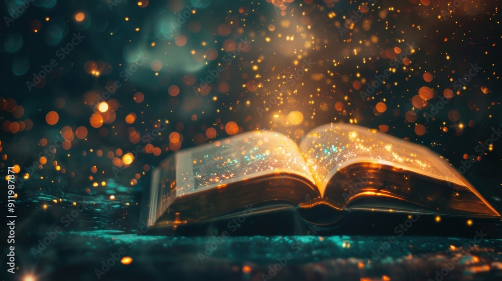 Aufkleber an open book emits glowing particles, creating a magical and enchanting atmosphere filled with wonde