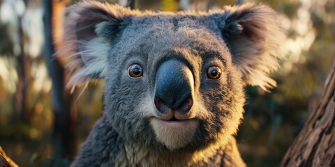 Naklejka premium A koala with white fluffy ears brown eyes and a large black nose