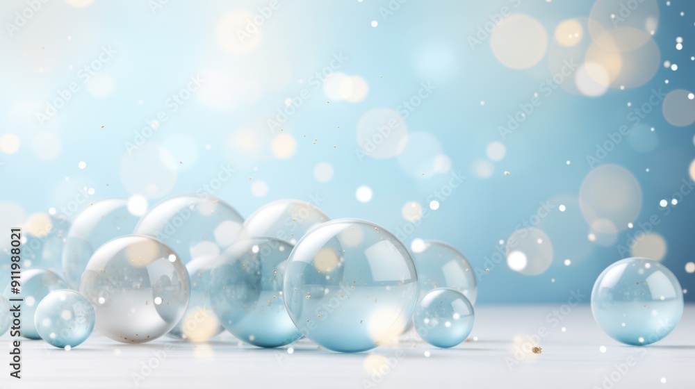 Poster clear bubbles of various sizes floating against a soft bokeh background, creating a dreamy and whims