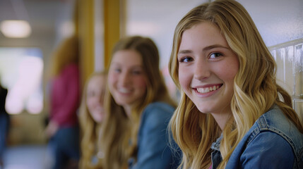 Obraz premium Group of teenage girls smiling and sitting in a school hallway, capturing the essence of friendship and school life.