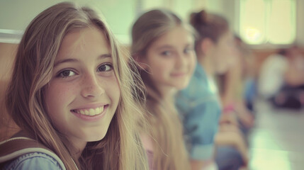 Obraz premium A smiling girl with freckles and blonde hair sits in a school hallway with friends in the background, creating a cheerful and friendly atmosphere.