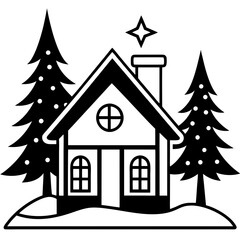 Fototapeta premium christmas tree with house, christmas house vector illustration, Christmas house vector art, christmas tree with house silhouette, house vector icon, eps