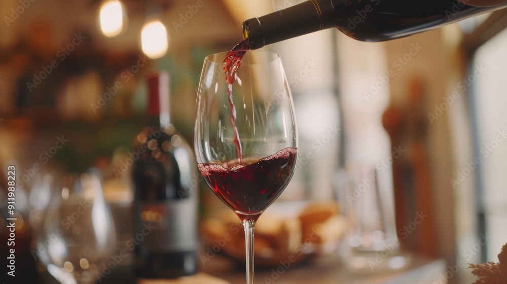 Poster a bottle of red wine being poured into a glass with a blurred background, creating a warm and inviti