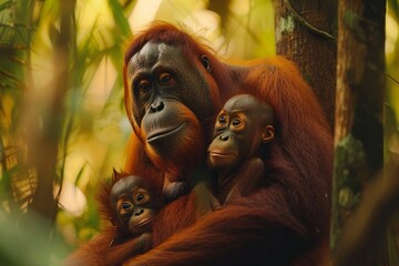 Tender moment between orangutan mother and baby