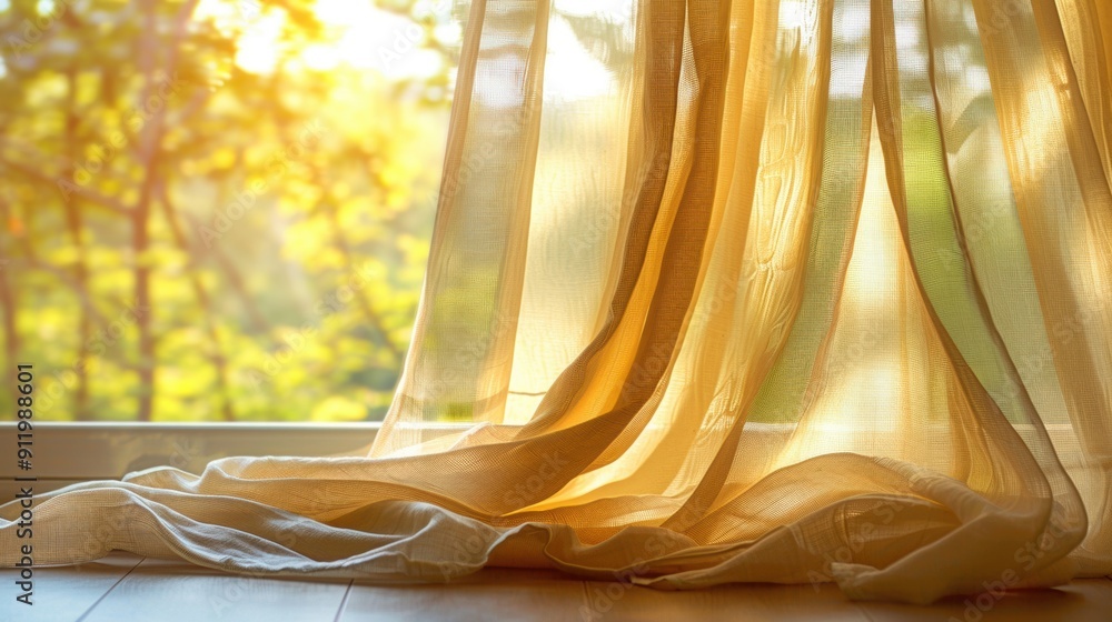 Poster sheer curtains gently blowing by an open window with golden sunlight streaming in, creating a warm a