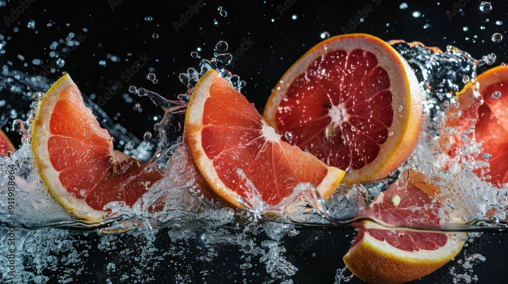 Poster fresh grapefruit slices splashing in clear water with dynamic motion and droplets against a black ba