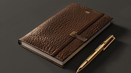 Luxurious flat lay of a premium leather notebook and gold pen, illustrated with ultra-sharp and clear 3D shading