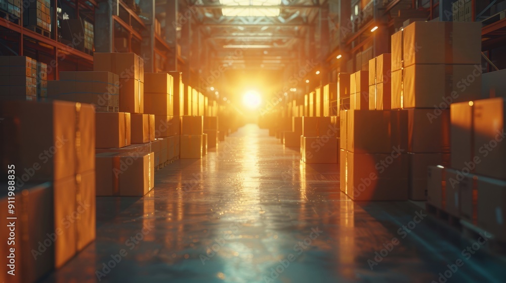 Poster sunlit warehouse aisle filled with neatly stacked boxes, showcasing a well-organized and efficient s