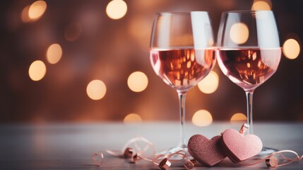Two wine glasses with pink wine and heart ornaments, set against a bokeh background, creating a romantic atmosphere.