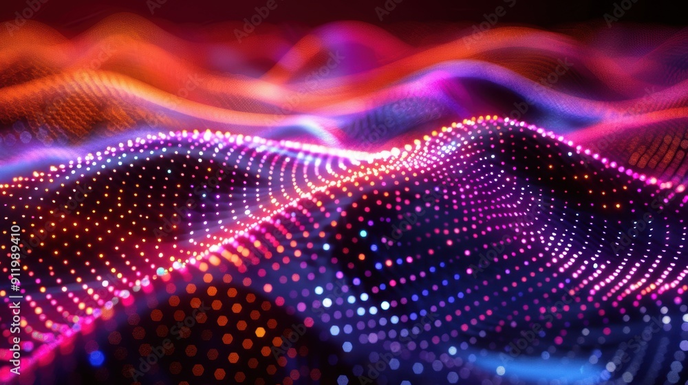 Poster colorful neon light waves in motion creating an abstract, vibrant, and dynamic pattern against a dar